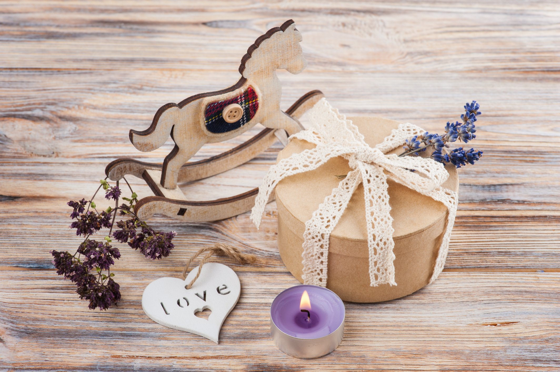 Gift with Lace Bow, Lavender Flower, Lit Candle